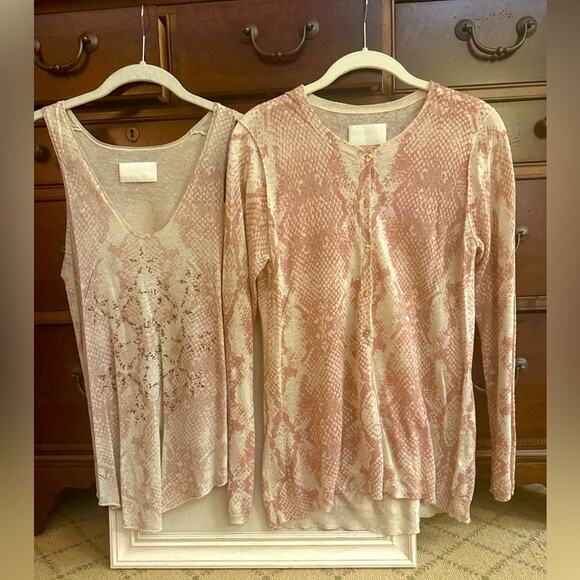 Zadig & Voltaire cream w pale pink snakeskin pattern cardigan / tank set S NWOT - Picture 1 of 16